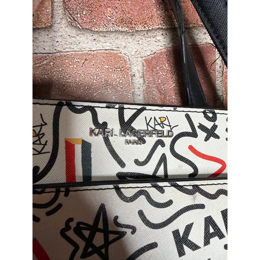Karl Lagerfeld Paris Graffiti Print Saffiano Leather Tote Crossbody Bag White - Picture 5 of 6